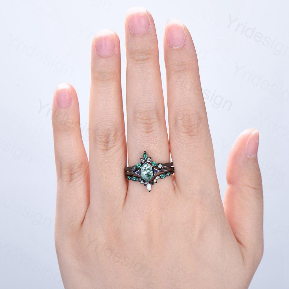 Three Stone Black Gold Moss Agate Wedding Set Unique Long Hexagon Green Agate Trillion Alexandrite Gothic Engagement Ring Emerald Opal Band - PENFINE