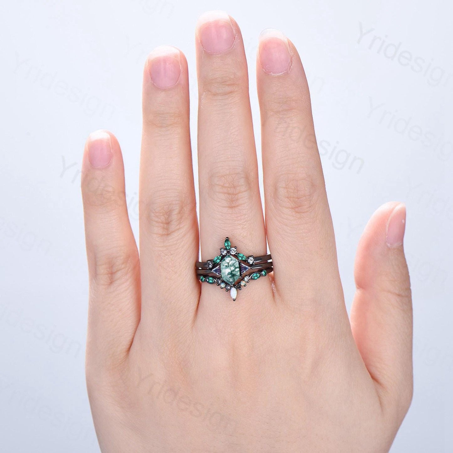 Three Stone Black Gold Moss Agate Wedding Set Unique Long Hexagon Green Agate Trillion Alexandrite Gothic Engagement Ring Emerald Opal Band - PENFINE