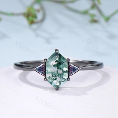 Three Stone Black Gold Moss Agate Wedding Set Unique Long Hexagon Green Agate Trillion Alexandrite Gothic Engagement Ring Emerald Opal Band - PENFINE