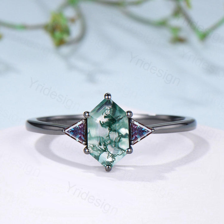 Three Stone Black Gold Moss Agate Wedding Set Unique Long Hexagon Green Agate Trillion Alexandrite Gothic Engagement Ring Emerald Opal Band - PENFINE