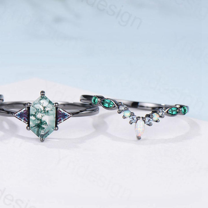 Three Stone Black Gold Moss Agate Wedding Set Unique Long Hexagon Green Agate Trillion Alexandrite Gothic Engagement Ring Emerald Opal Band - PENFINE