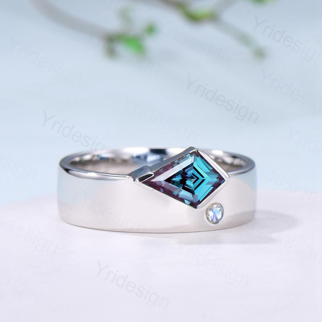 One Of a Kind Alexandrite Wedding Band Men Unique Kite Cut Alexandrite Moonstone Men's Wedding Ring 6mm Stacking Anniversary Matching Band - PENFINE