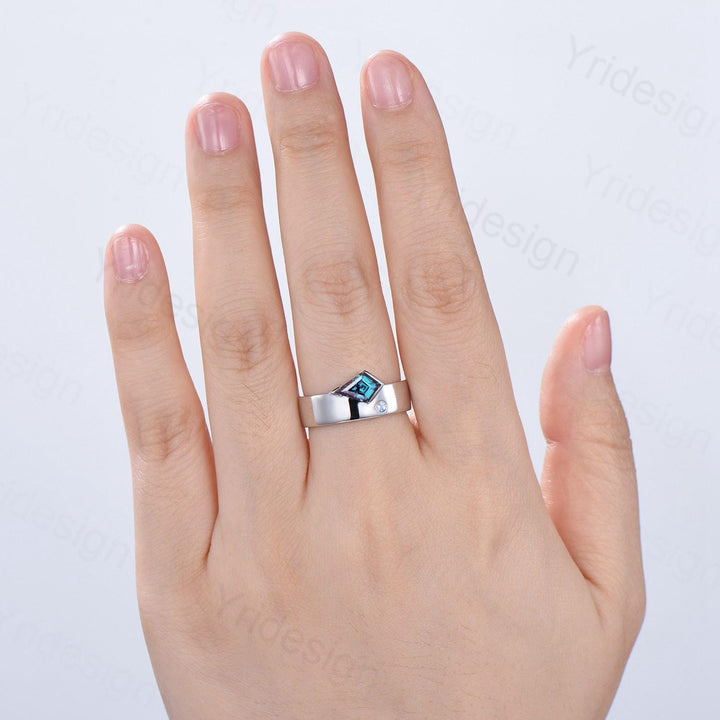 One Of a Kind Alexandrite Wedding Band Men Unique Kite Cut Alexandrite Moonstone Men's Wedding Ring 6mm Stacking Anniversary Matching Band - PENFINE