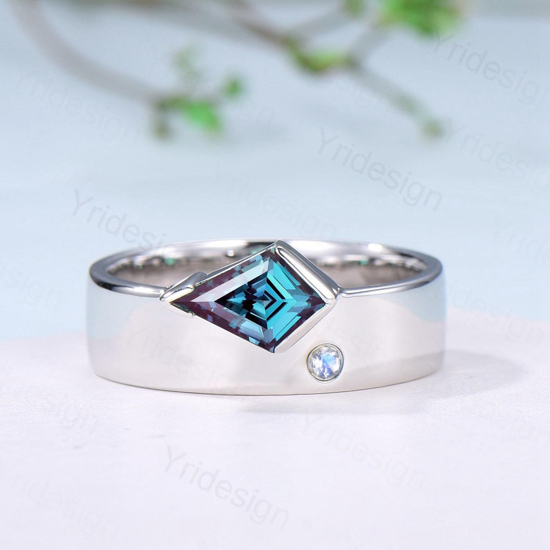 One Of a Kind Alexandrite Wedding Band Men Unique Kite Cut Alexandrite Moonstone Men's Wedding Ring 6mm Stacking Anniversary Matching Band - PENFINE