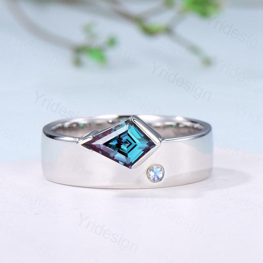 One Of a Kind Alexandrite Wedding Band Men Unique Kite Cut Alexandrite Moonstone Men's Wedding Ring 6mm Stacking Anniversary Matching Band - PENFINE
