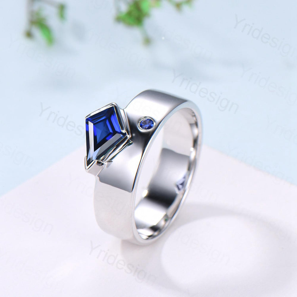 Kite Cut Blue Sapphire Men's Wedding Band, Retro Anniversary Ring - PENFINE