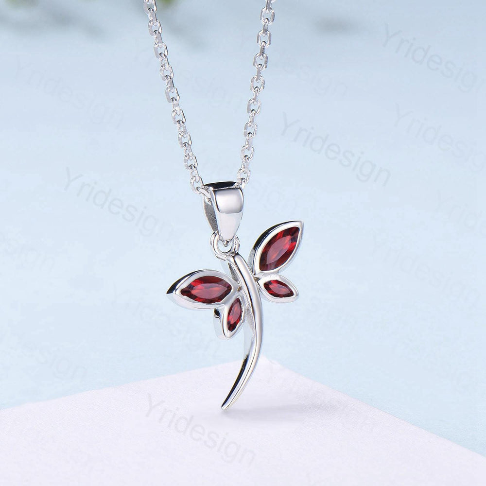 Dainty Marquise Garnet Dragonfly Necklace, Handmade 14k Gold Pendant - PENFINE