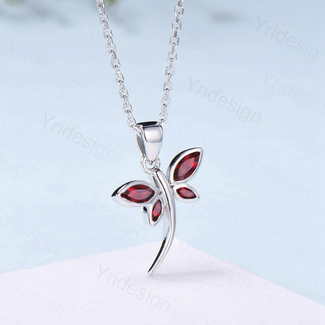 Dainty Marquise Garnet Dragonfly Necklace, Handmade 14k Gold Pendant - PENFINE