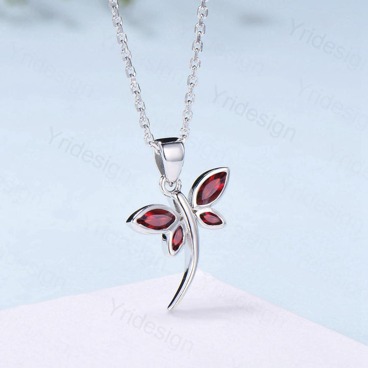 Dainty Marquise Garnet Dragonfly Necklace, Handmade 14k Gold Pendant - PENFINE