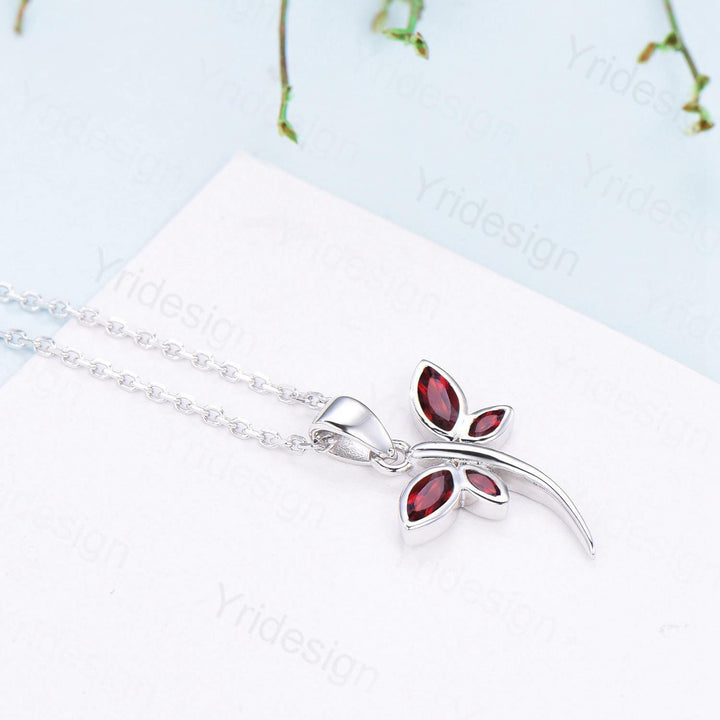 Dainty Marquise Garnet Dragonfly Necklace, Handmade 14k Gold Pendant - PENFINE