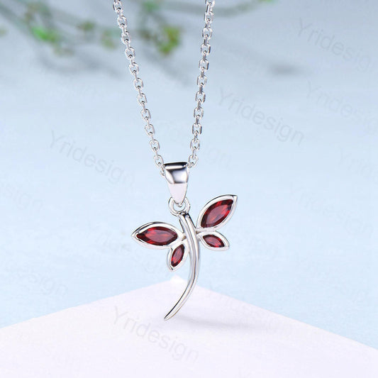 Dainty Marquise Garnet Dragonfly Necklace, Handmade 14k Gold Pendant - PENFINE