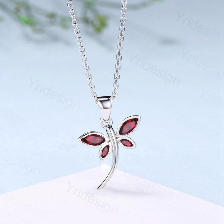 Dainty Marquise Garnet Dragonfly Necklace, Handmade 14k Gold Pendant - PENFINE