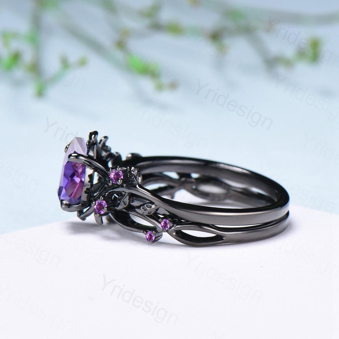 Black Gold Purple Sapphire Bridal Ring Set, Vintage Leaf Amethyst Wedding Rings - PENFINE