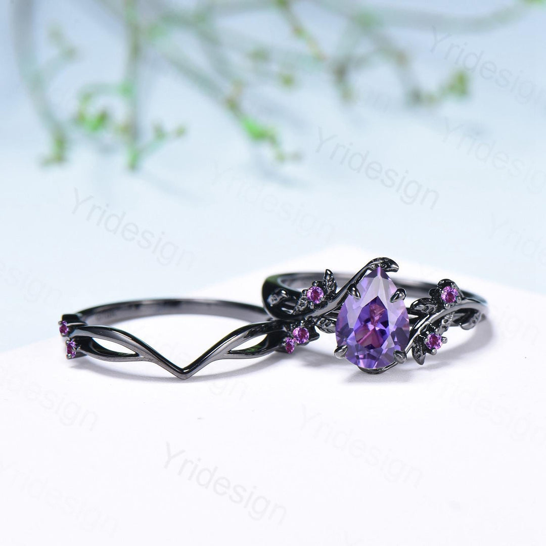 Black Gold Purple Sapphire Bridal Ring Set, Vintage Leaf Amethyst Wedding Rings - PENFINE
