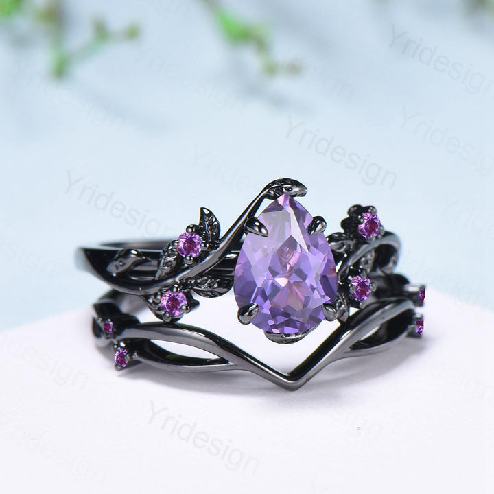 Black Gold Purple Sapphire Bridal Ring Set, Vintage Leaf Amethyst Wedding Rings - PENFINE