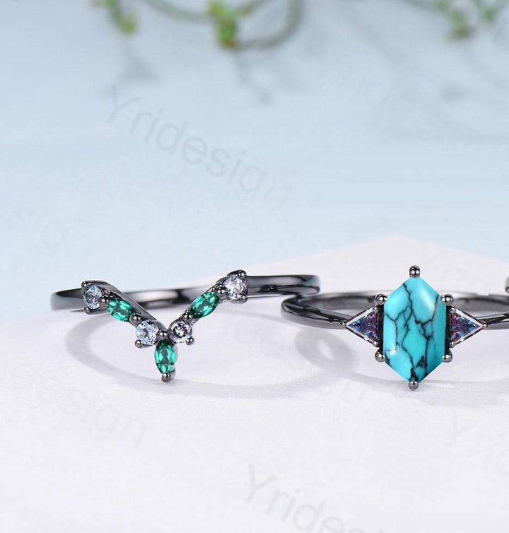 Black Gold Turquoise Ring Set, Alexandrite Opal Bridal Rings - PENFINE