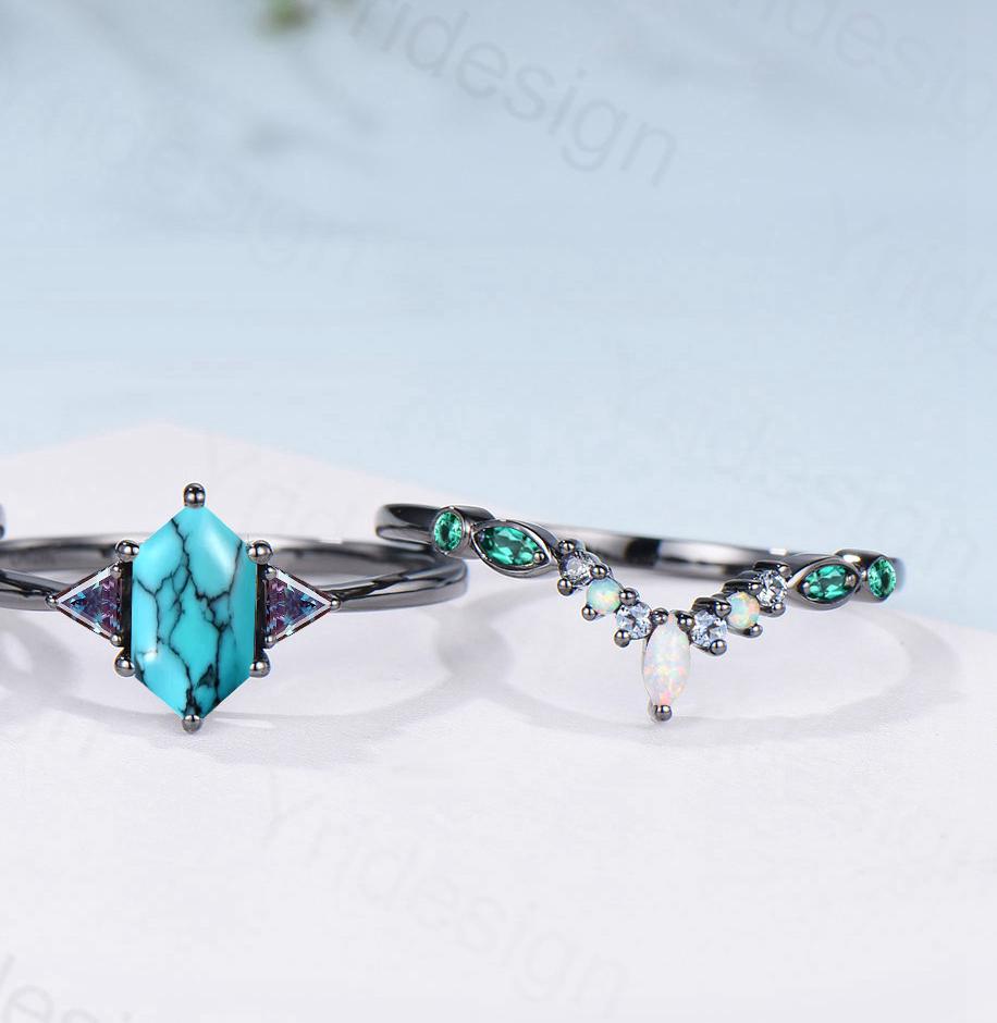 Black Gold Turquoise Ring Set, Alexandrite Opal Bridal Rings - PENFINE