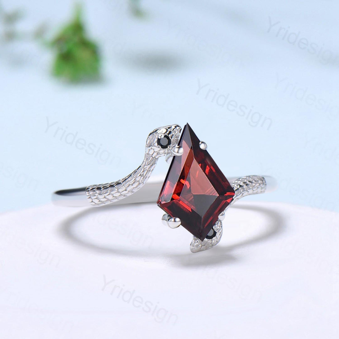 Garnet Snake Ring, Black Gold Gothic Engagement Ring, Kite Cut - PENFINE