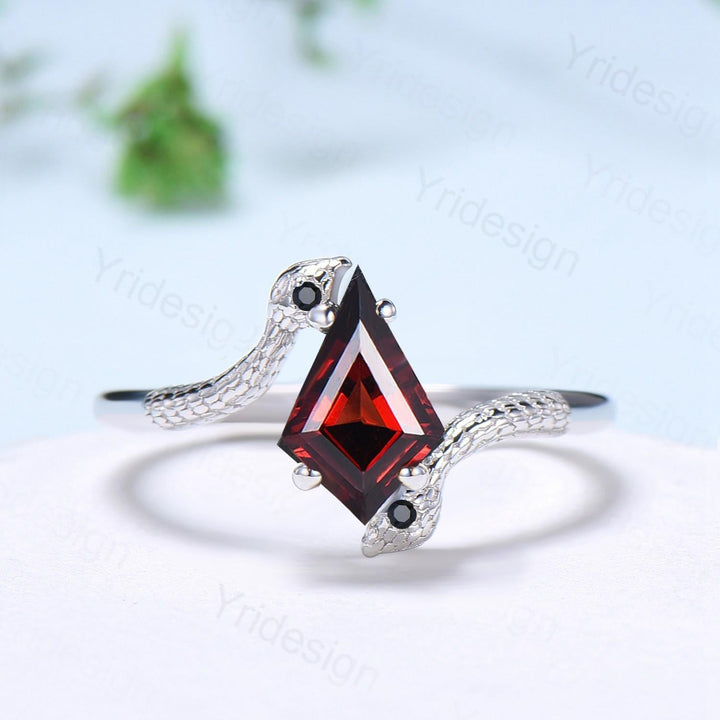 Garnet Snake Ring, Black Gold Gothic Engagement Ring, Kite Cut - PENFINE