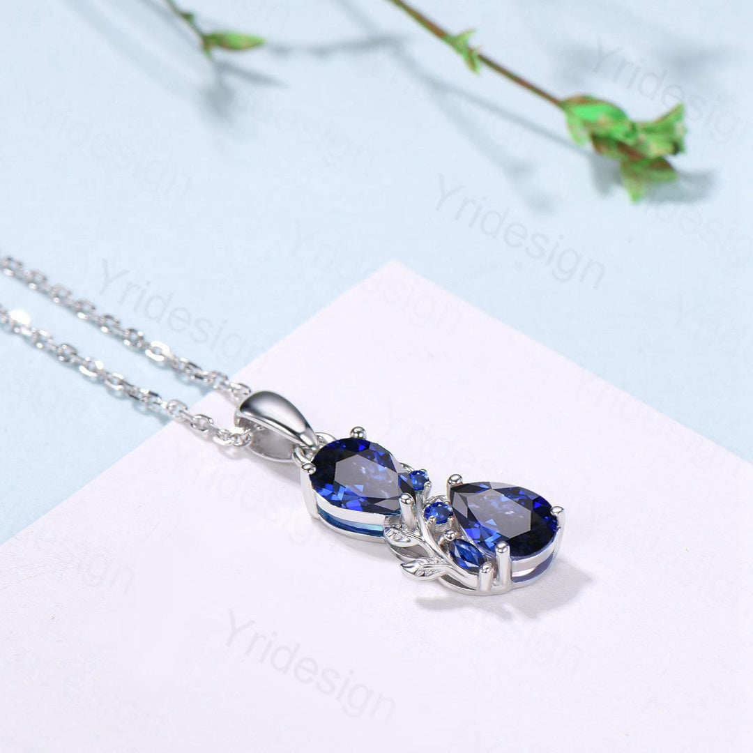 Pear Sapphire Pendant Necklace, 14K Rose Gold Branch & Snake Design - PENFINE