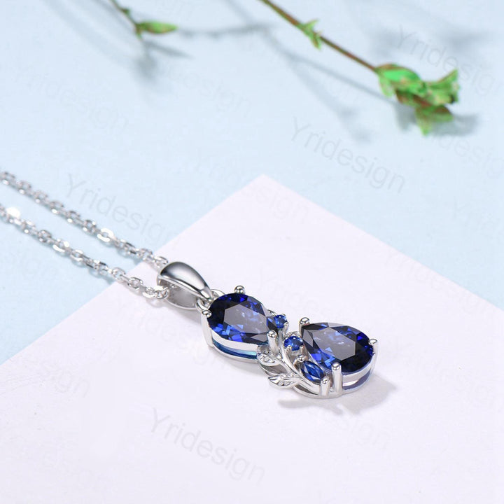 Pear Sapphire Pendant Necklace, 14K Rose Gold Branch & Snake Design - PENFINE