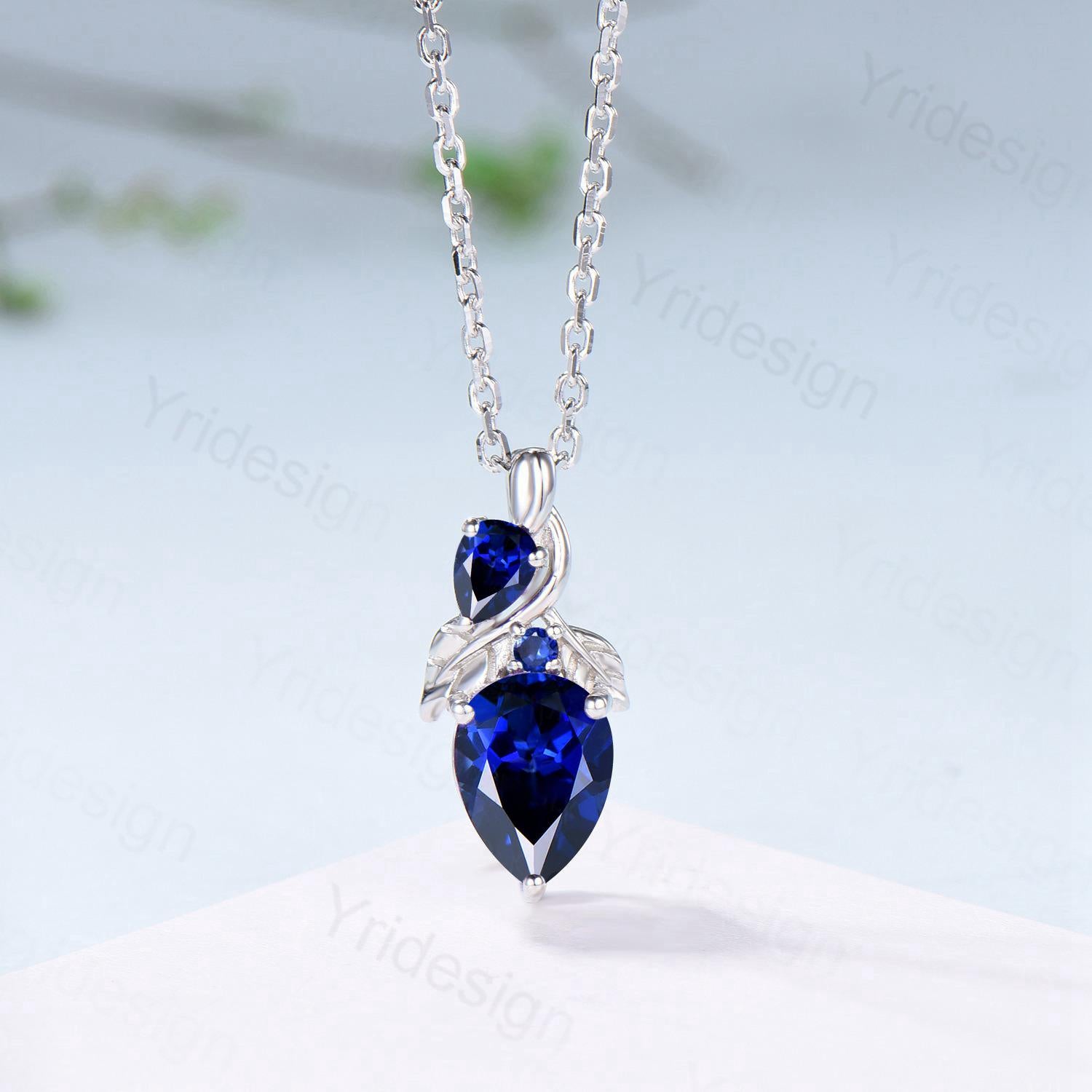 Pear Blue Sapphire Pendant Necklace, Nature Inspired Leaf Vine, Handmade Gold - PENFINE