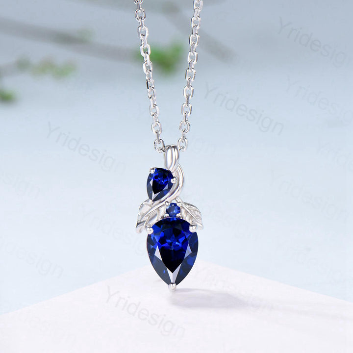 Pear Blue Sapphire Pendant Necklace, Nature Inspired Leaf Vine, Handmade Gold - PENFINE