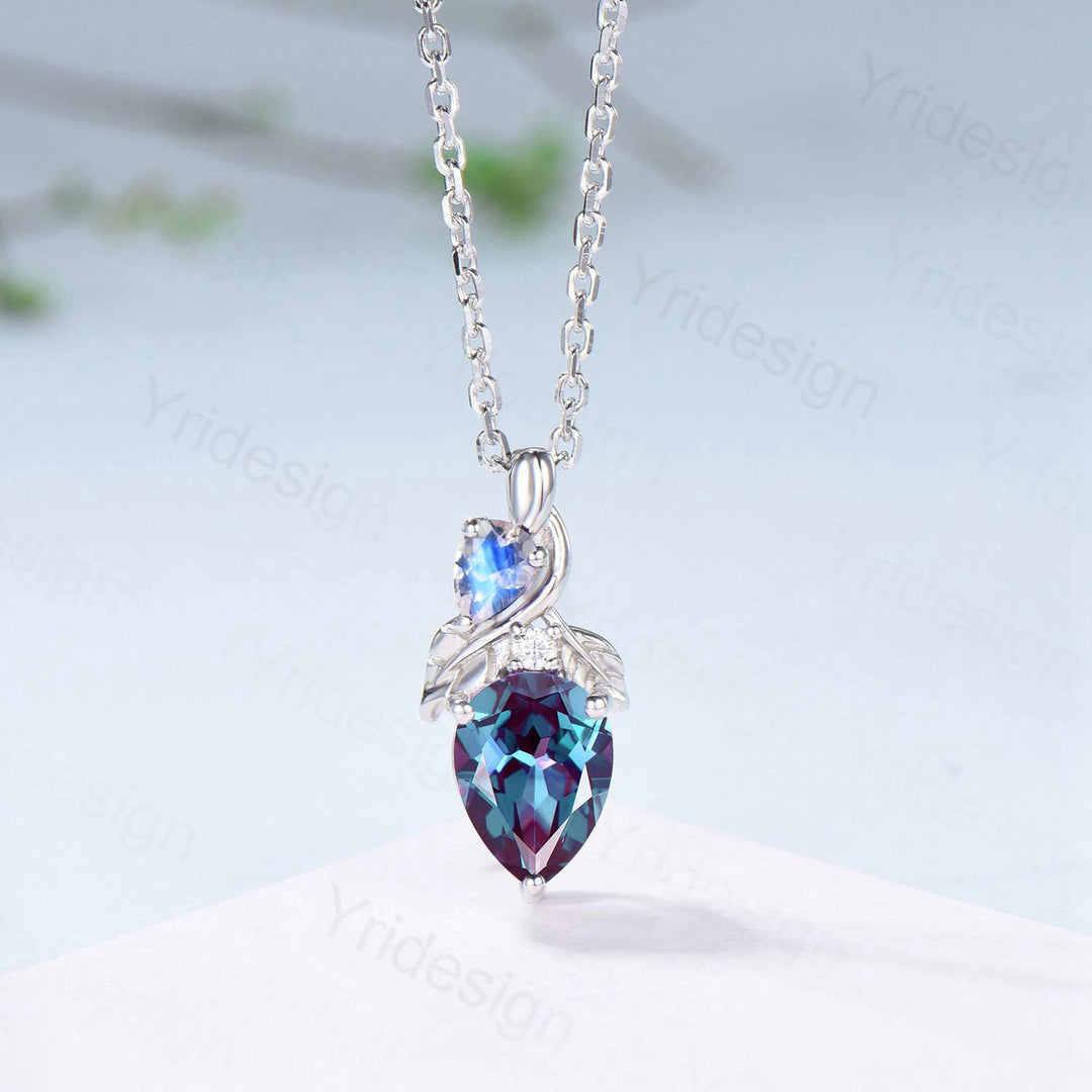 Pear Alexandrite Pendant Necklace, Moonstone Leaf Vine, Handmade - PENFINE