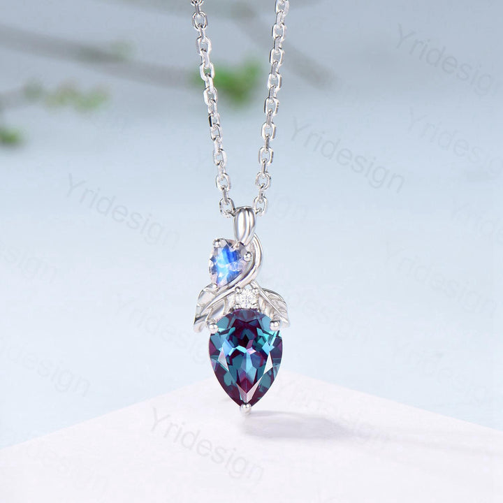 Pear Alexandrite Pendant Necklace, Moonstone Leaf Vine, Handmade - PENFINE