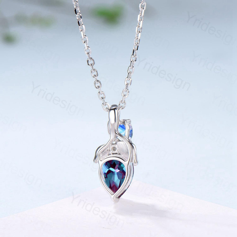 Pear Alexandrite Pendant Necklace, Moonstone Leaf Vine, Handmade - PENFINE