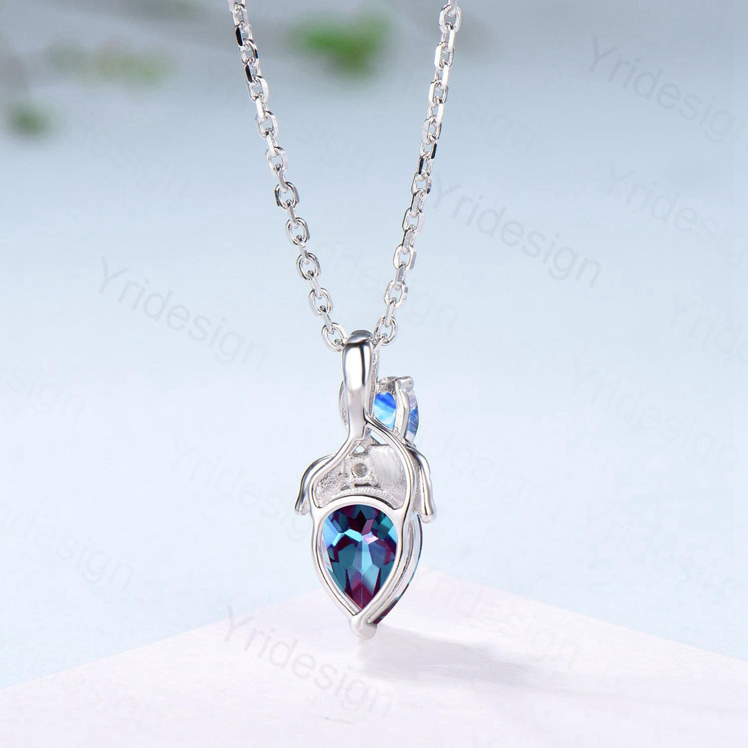 Pear Alexandrite Pendant Necklace, Moonstone Leaf Vine, Handmade - PENFINE