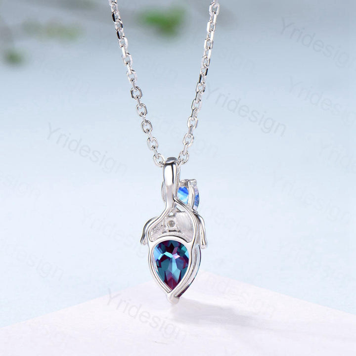 Pear Alexandrite Pendant Necklace, Moonstone Leaf Vine, Handmade - PENFINE