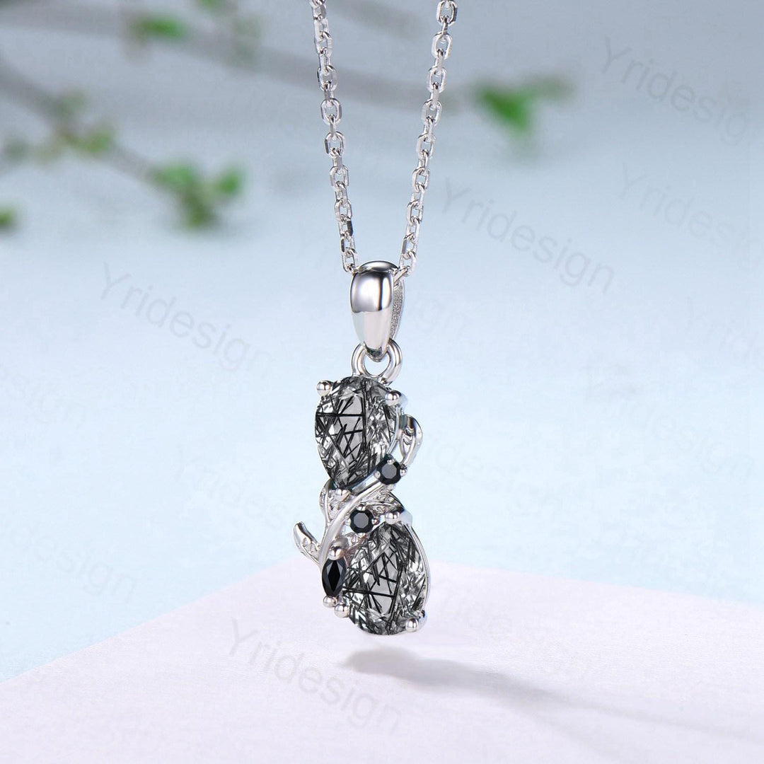 Black Rutilated Quartz Pendant Necklace, 14K Gold Branch & Spinel Accent - PENFINE