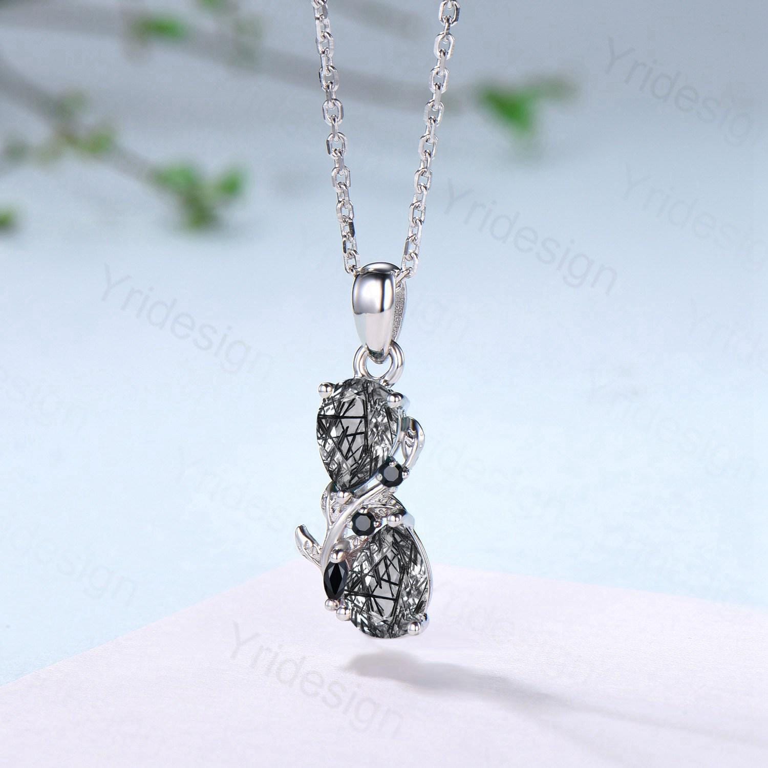 Black Rutilated Quartz Pendant Necklace, 14K Gold Branch & Spinel Accent - PENFINE
