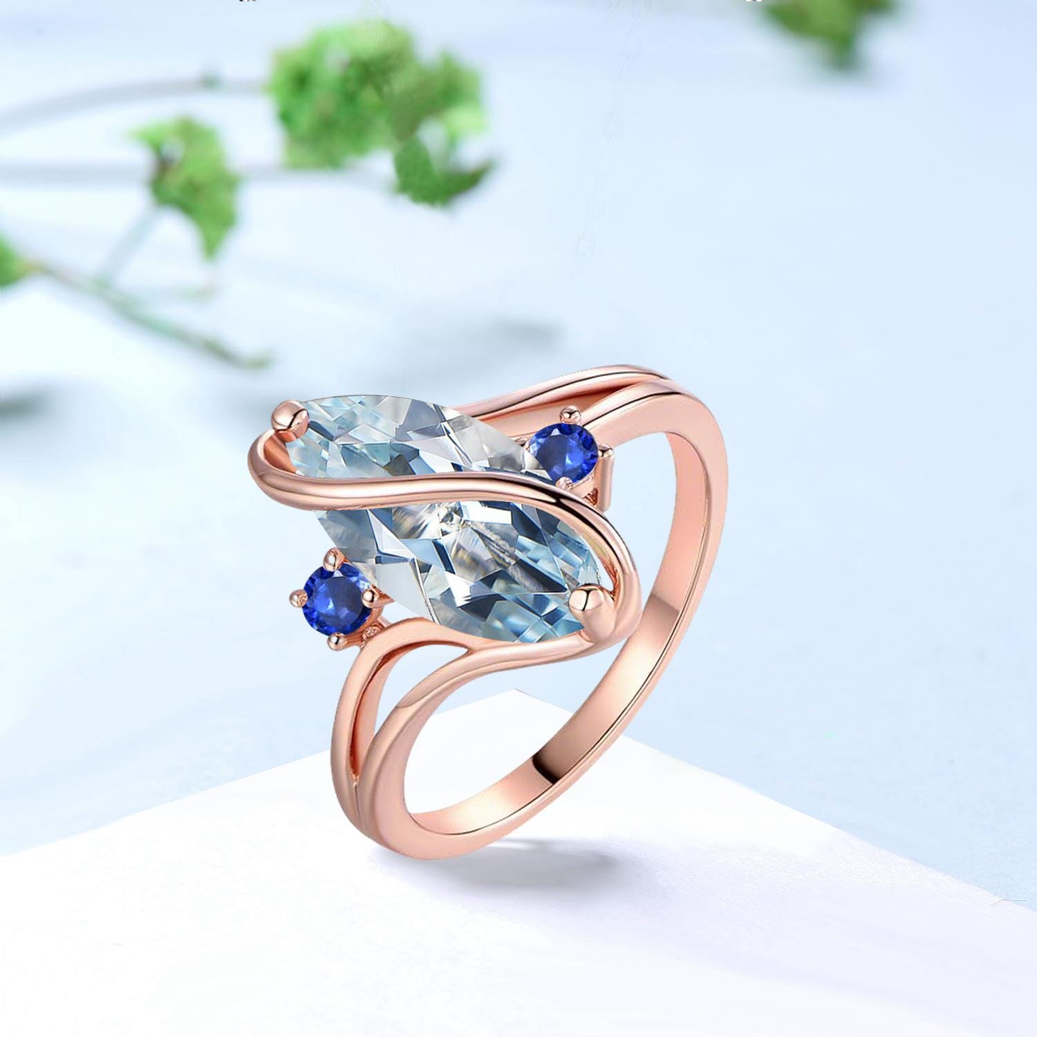 Marquise Aquamarine Engagement Ring, Split Shank, Sapphire Accents - PENFINE