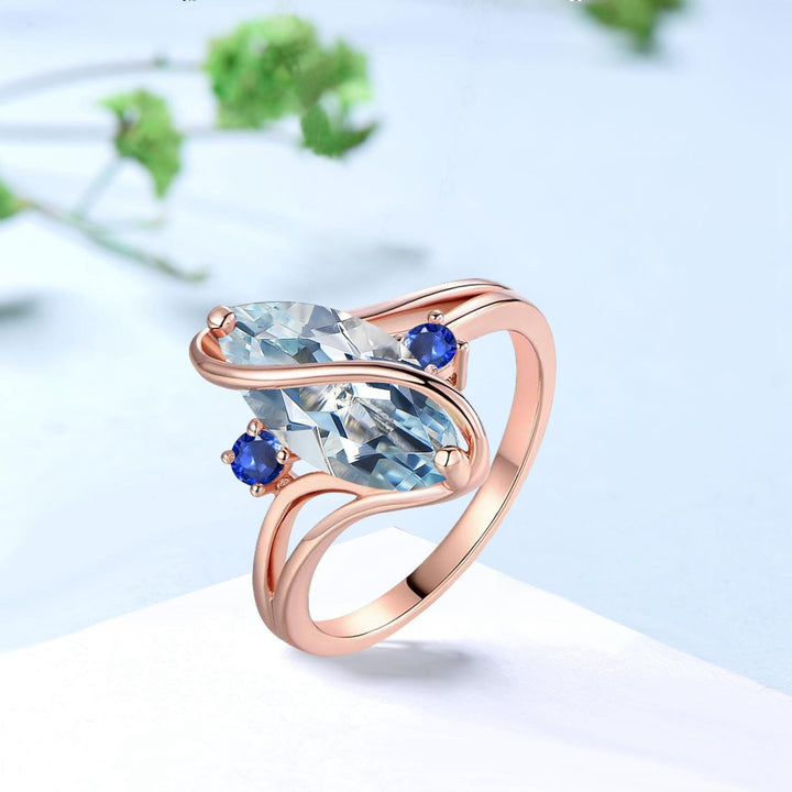 Marquise Aquamarine Engagement Ring, Split Shank, Sapphire Accents - PENFINE