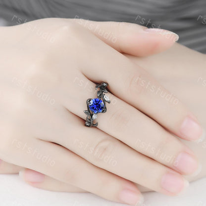 Gothic Blue Sapphire Wedding Ring Set: Tungsten & Black Gold Plated