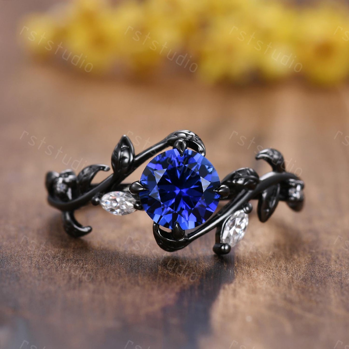 Gothic Blue Sapphire Wedding Ring Set: Tungsten & Black Gold Plated