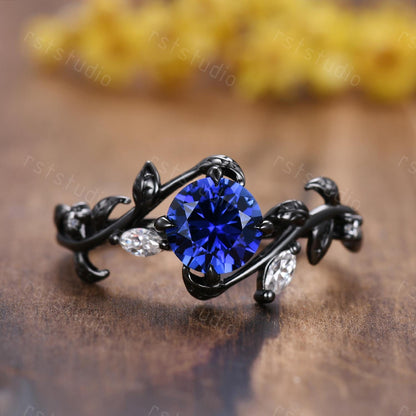 Gothic Blue Sapphire Wedding Ring Set: Tungsten & Black Gold Plated