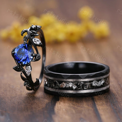 Gothic Blue Sapphire Wedding Ring Set: Tungsten & Black Gold Plated