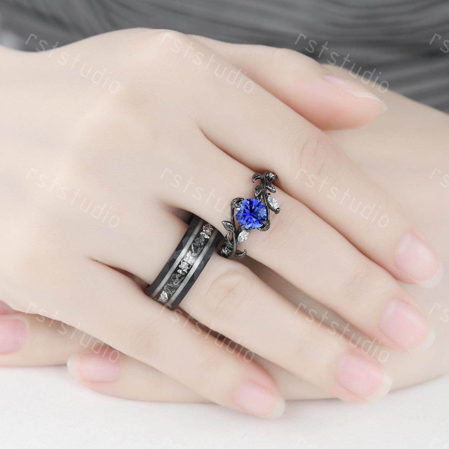 Gothic Blue Sapphire Wedding Ring Set: Tungsten & Black Gold Plated