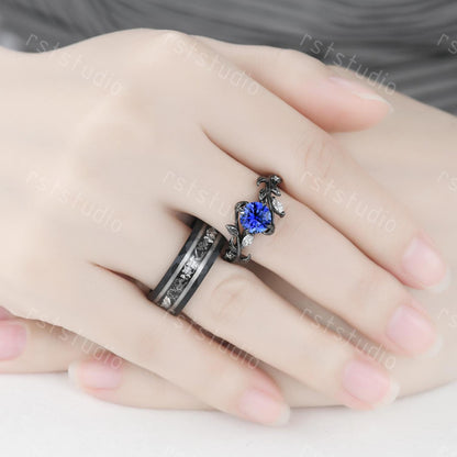 Gothic Blue Sapphire Wedding Ring Set: Tungsten & Black Gold Plated