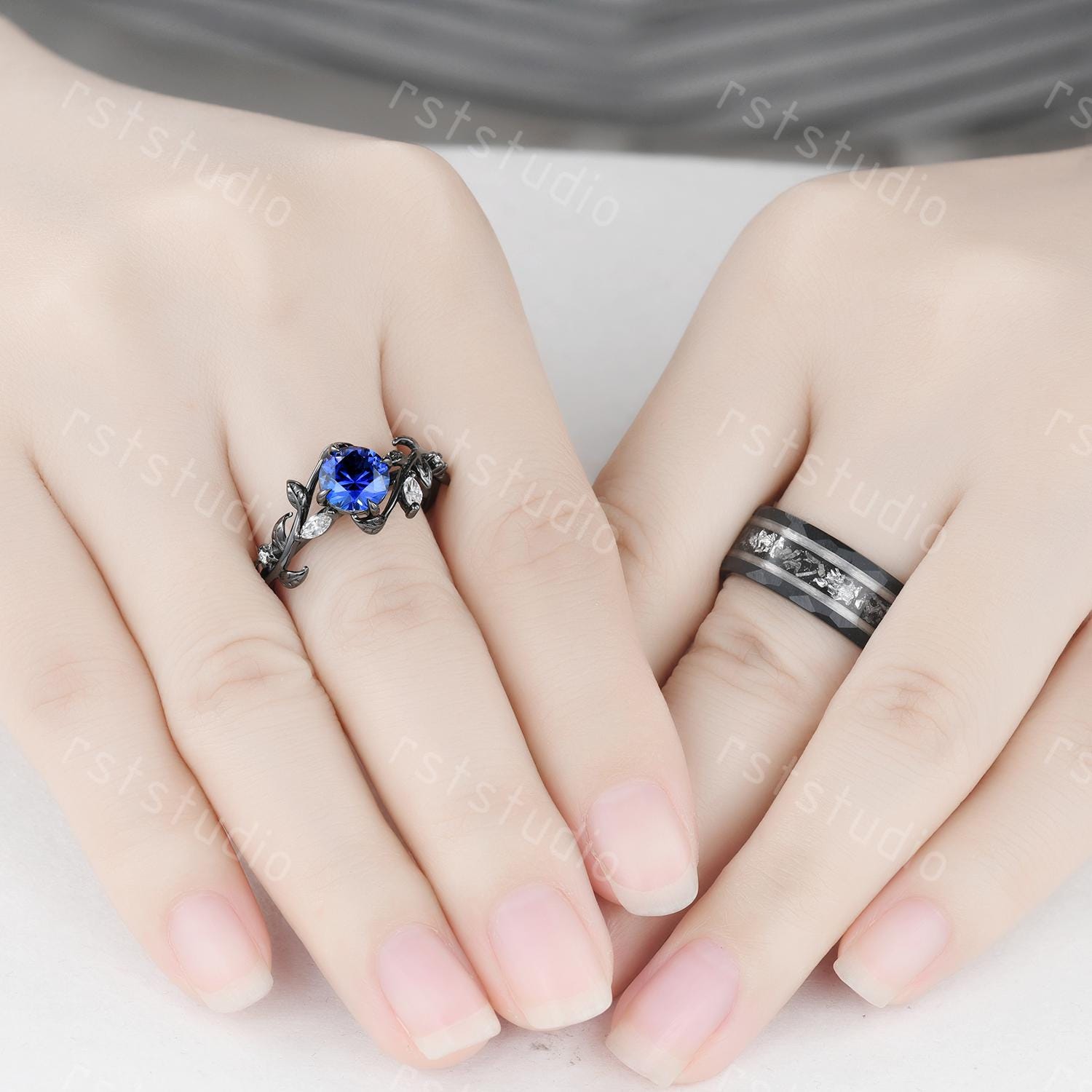 Gothic Blue Sapphire Wedding Ring Set: Tungsten & Black Gold Plated