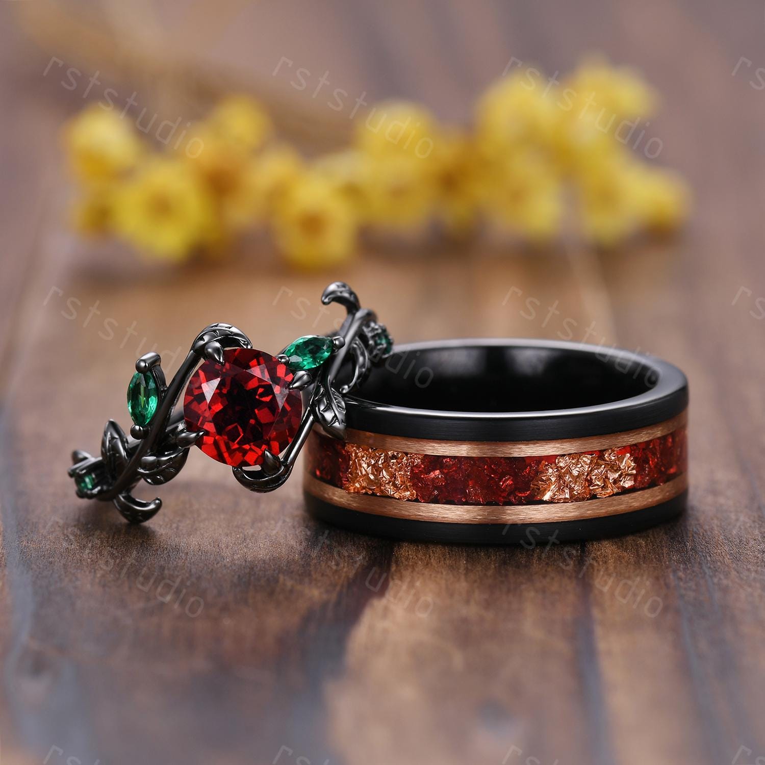 Gothic Black Gold Garnet Couple Ring Set: Tungsten Wedding Band