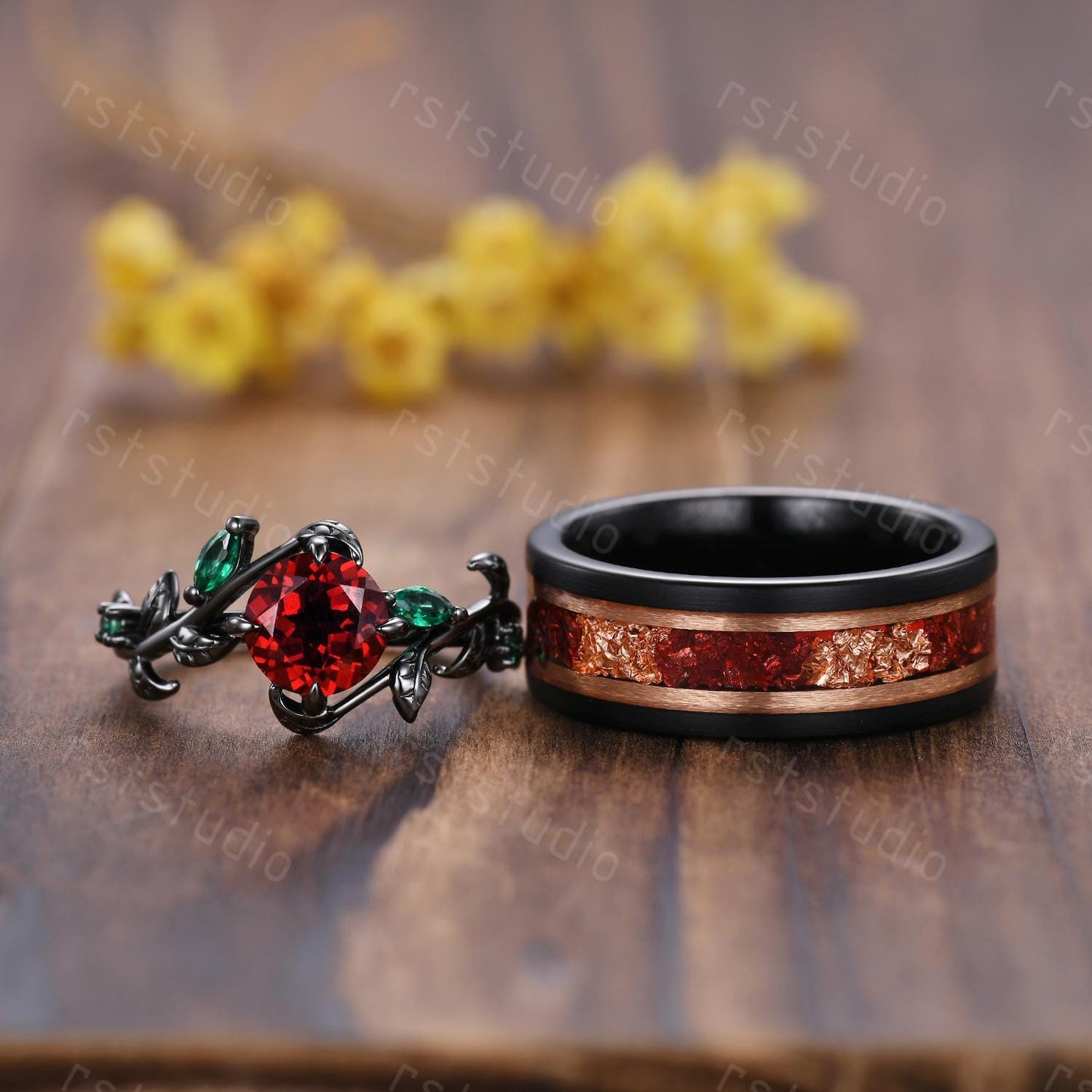 Gothic Black Gold Garnet Couple Ring Set: Tungsten Wedding Band