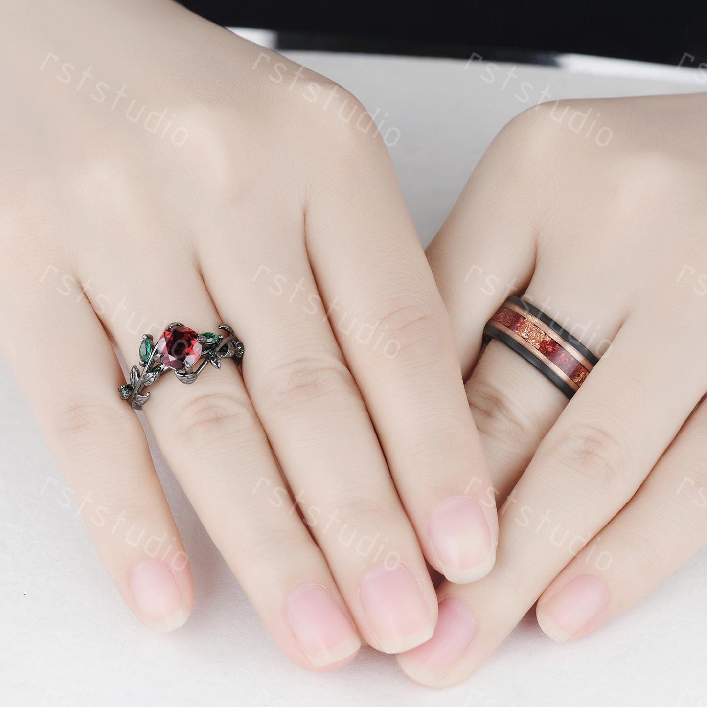 Gothic Black Gold Garnet Couple Ring Set: Tungsten Wedding Band