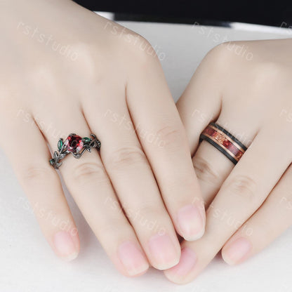 Gothic Black Gold Garnet Couple Ring Set: Tungsten Wedding Band