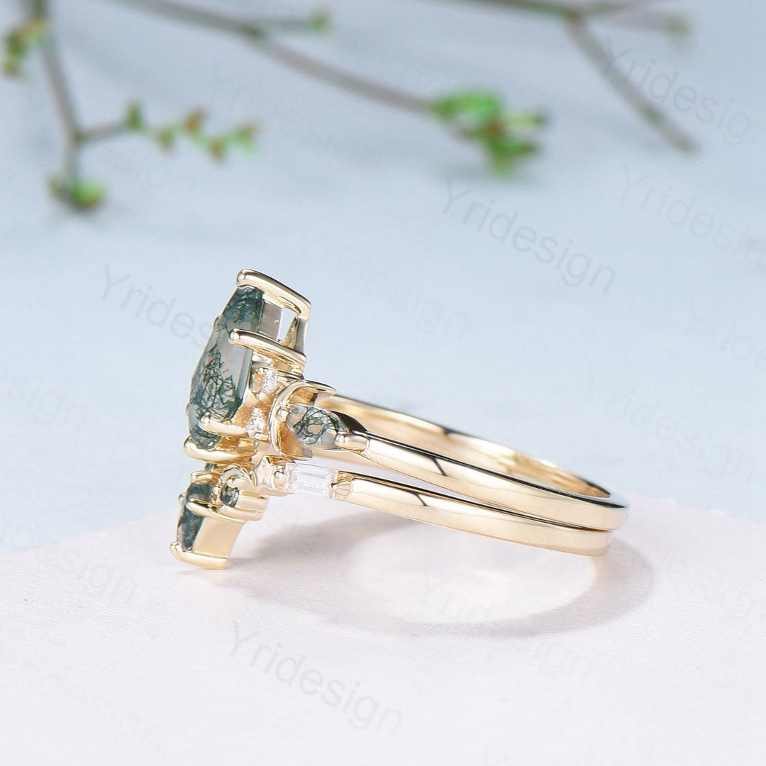 Yellow gold kite cut nature moss agate ring set Unique crescent moon star agate engagement ring Handmade anniversary gift Wedding bridal set - PENFINE