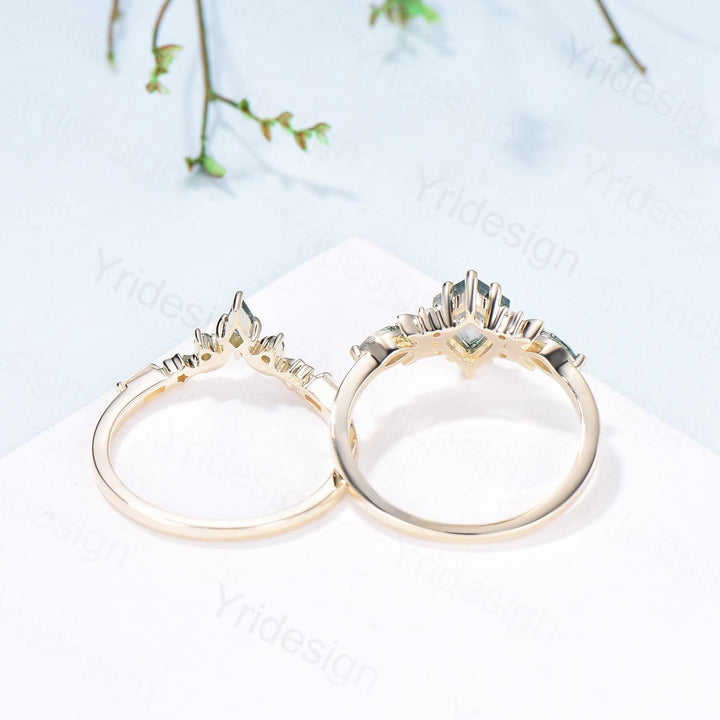 Yellow gold kite cut nature moss agate ring set Unique crescent moon star agate engagement ring Handmade anniversary gift Wedding bridal set - PENFINE