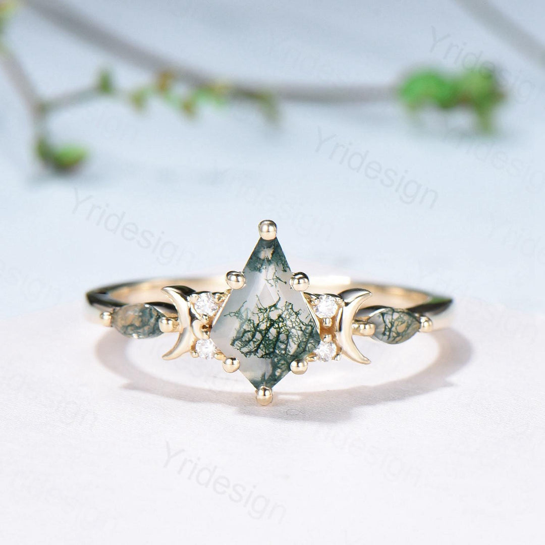 Yellow gold kite cut nature moss agate ring set Unique crescent moon star agate engagement ring Handmade anniversary gift Wedding bridal set - PENFINE